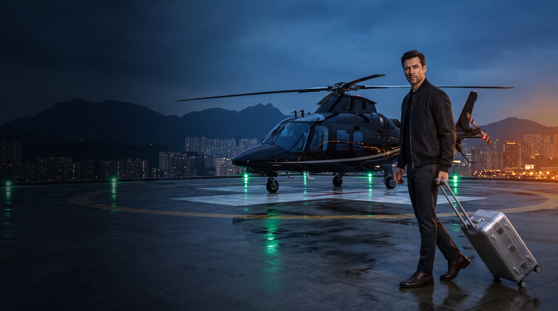 A member arriving by private helicopter at dusk